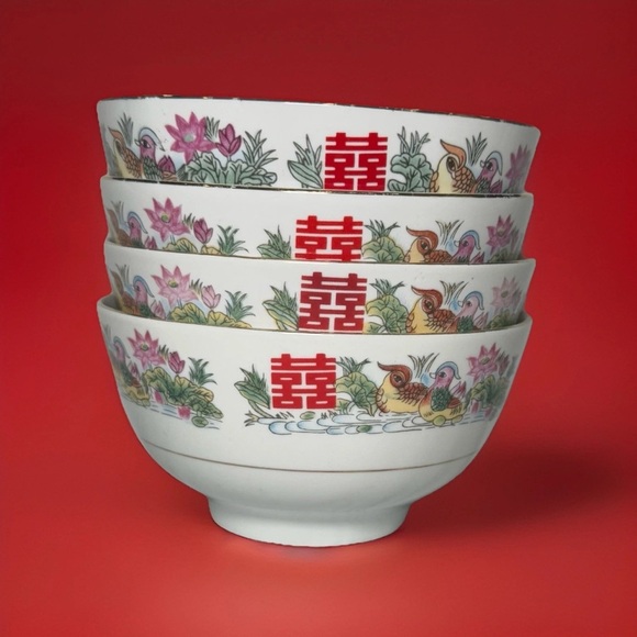 Vtg Chinese Porcelain Rice Soup Bowls Set Of 4 Birds Oriental Happiness Wedding - Picture 1 of 9